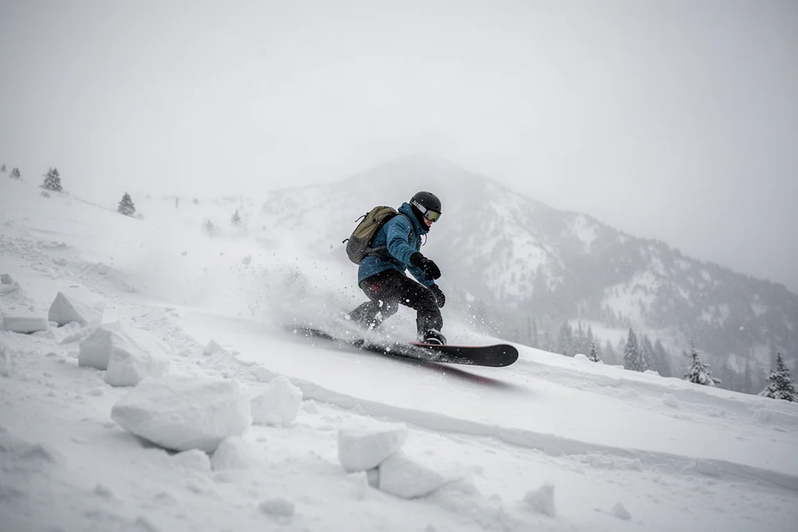 Snowboardista atravessando em baixa velocidade por neve fresca carregada pelo vento e neve picotada