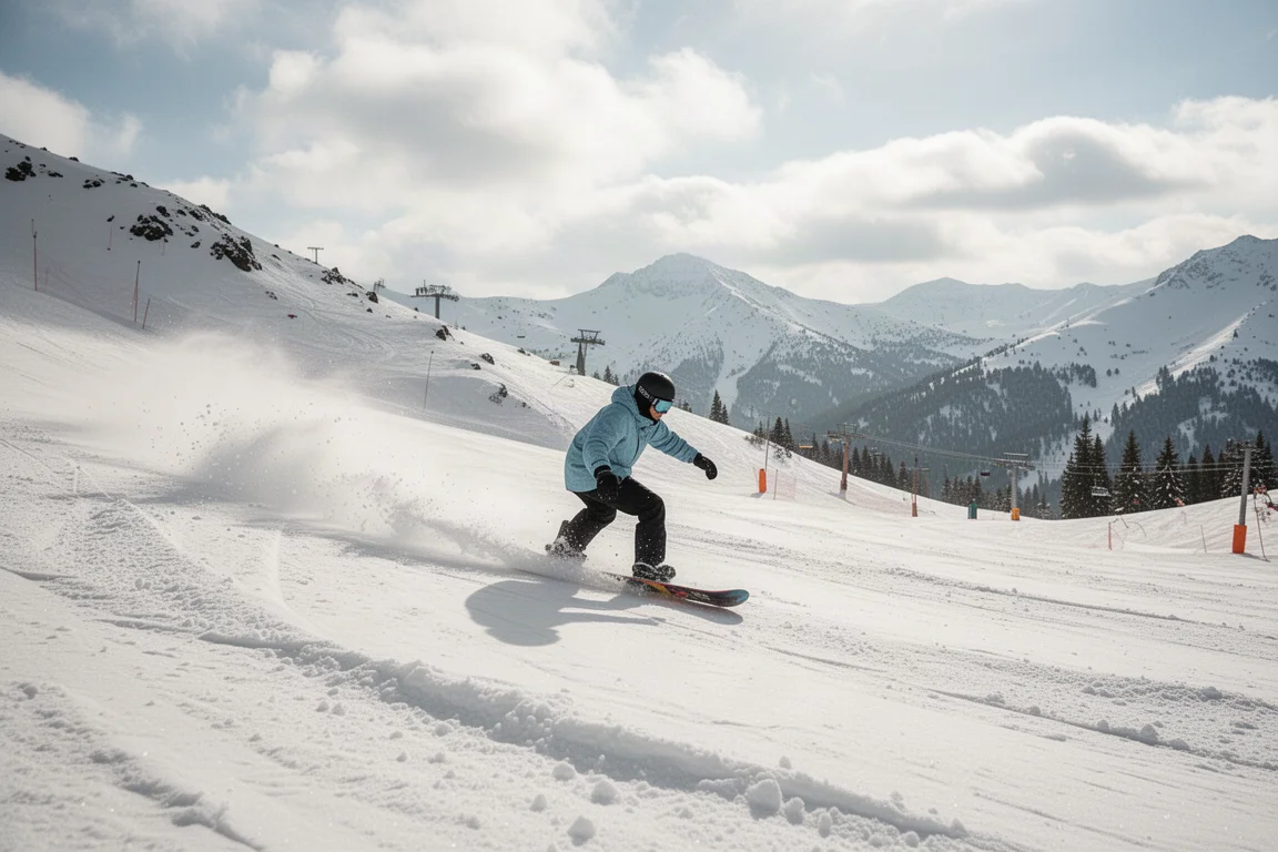 Snowboarder che scende su una pista primaverile compatta con condizioni variabili