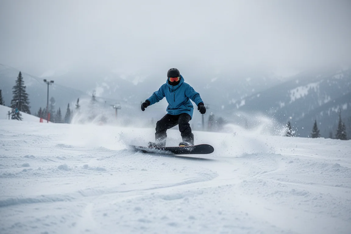 Snowboarder che scivola su neve compatta ghiacciata e chatter