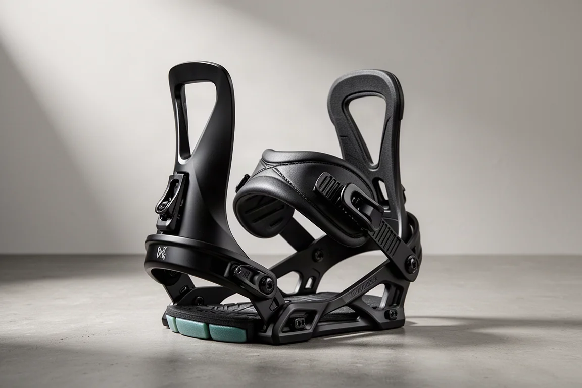 Zwarte aluminium snowboardbinding met smalle highback op betonnen ondergrond