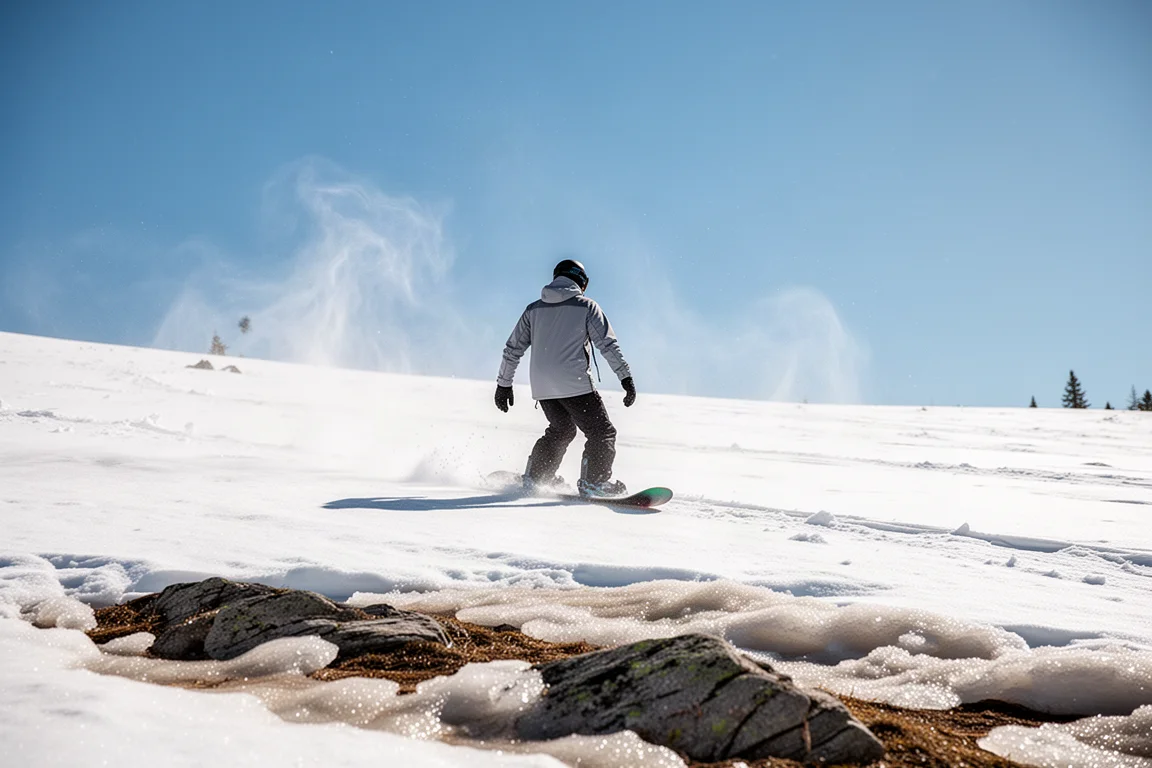 Snowboarder riding across a sunlit spring snowfield under a clear blue sky