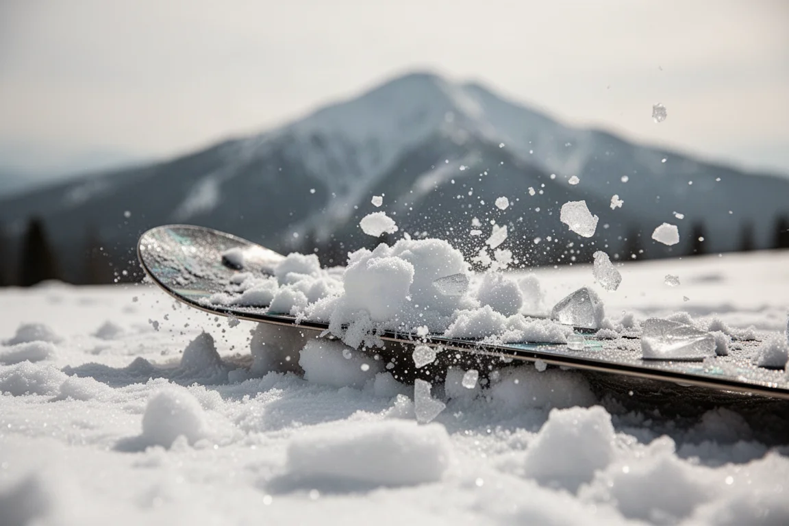 Snowboard nose slicing through lumpy chopped spring snow with spray flying