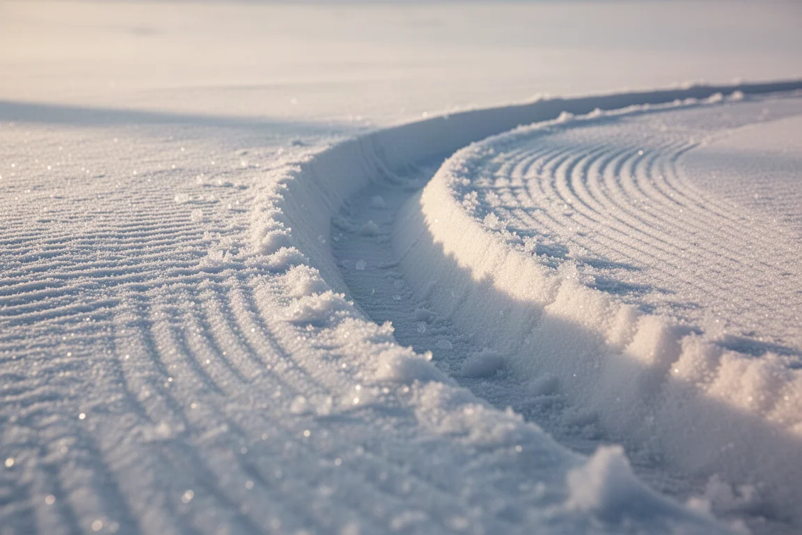 Freshly carved snowboard trench curving across groomed snow in afternoon light