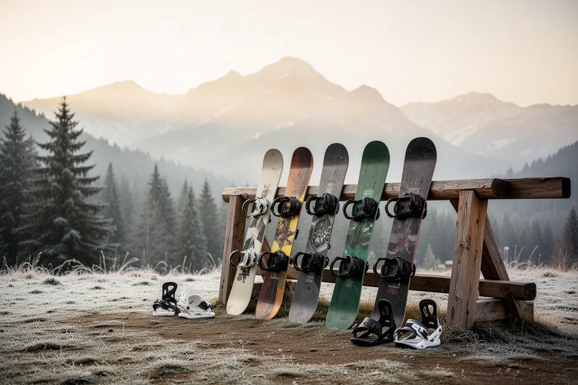 Row of snowboards leaning against a wooden rack outside a mountain lodge at dawn