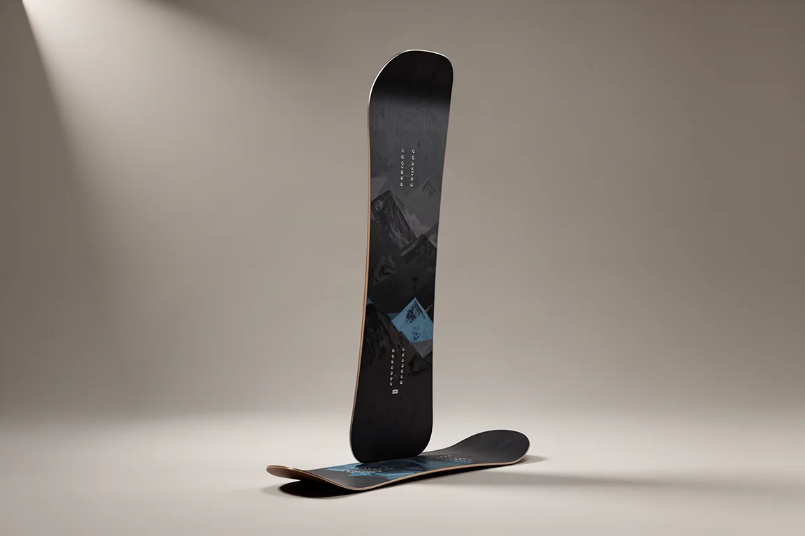 Twin-tip all-mountain snowboard standing upright on a neutral grey studio backdrop
