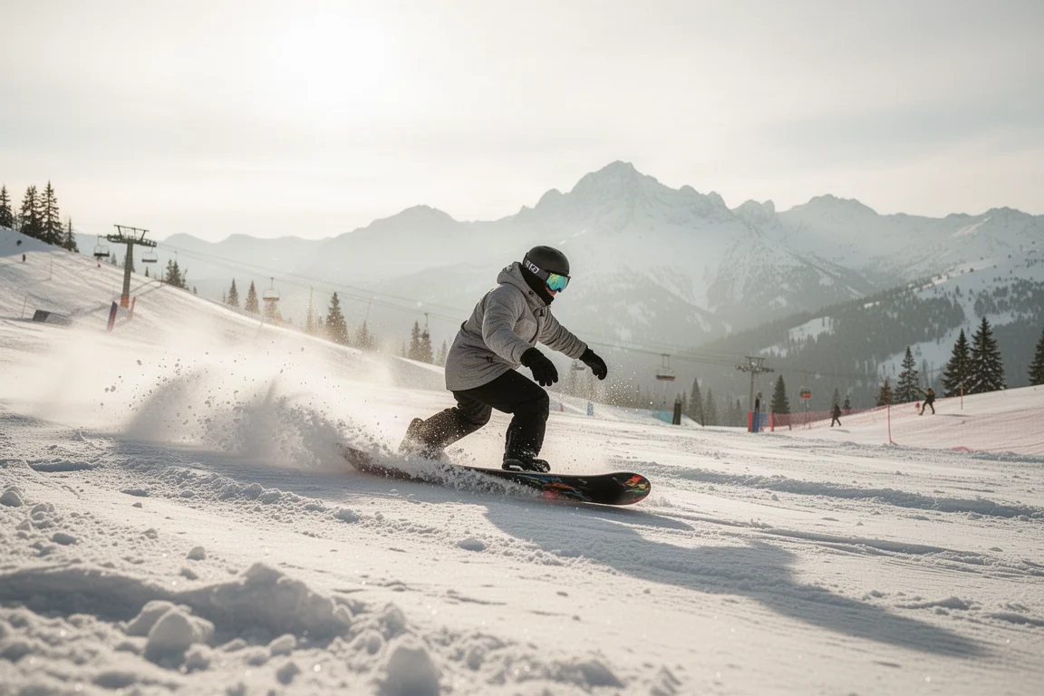 Snowboarder tnący łuk przez miękkiego śniegu na słonecznym stoku ośrodka