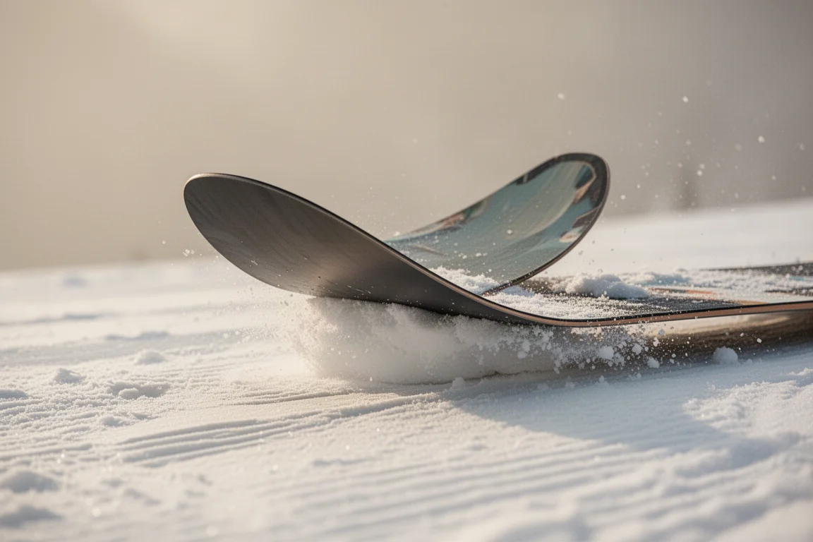Zbliżenie na uniesiony nose snowboardu nad miękkim śniegiem podczas nose buttera