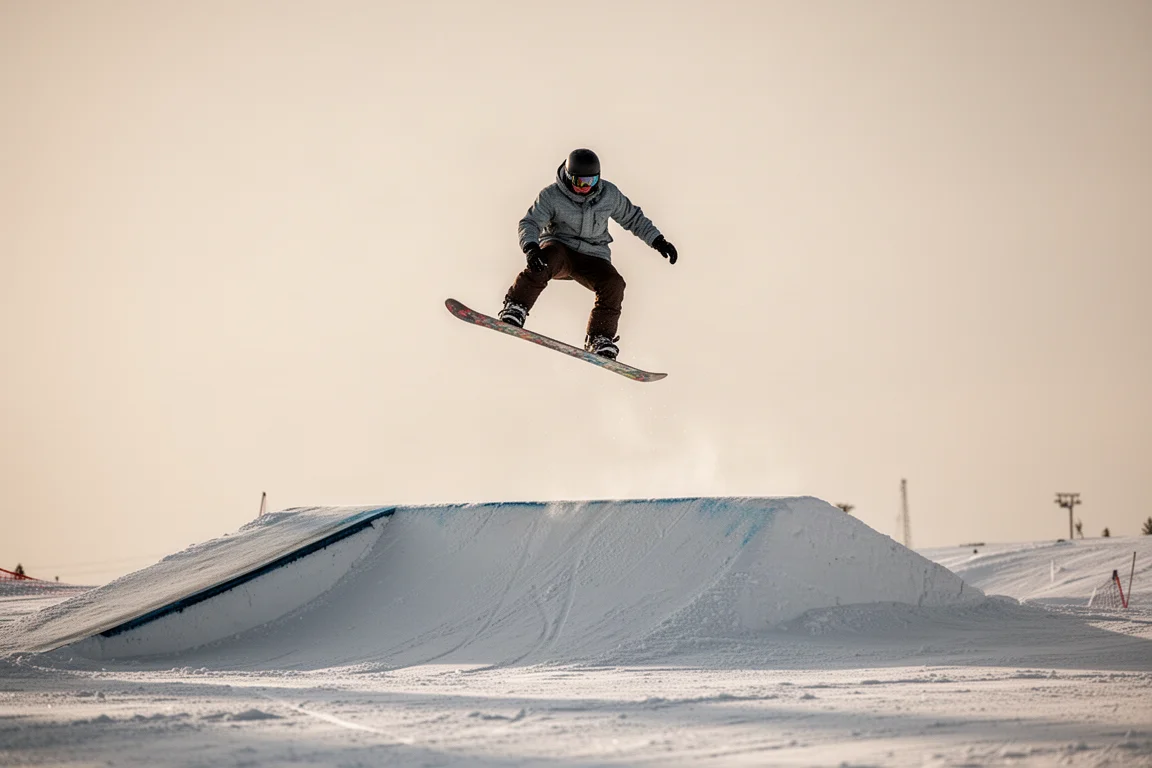 Snowboarder w locie nad mniejszym skoczniem parkowym z miękkim strefą lądowania poniżej