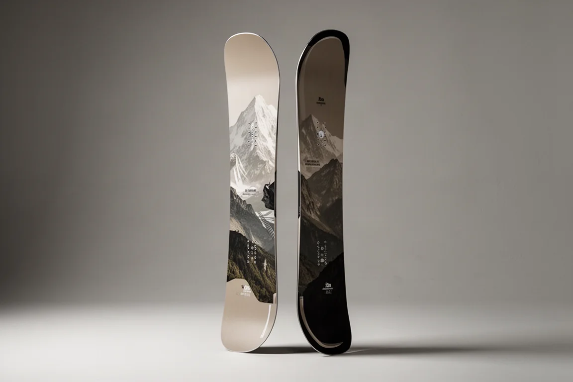 Snowboard twin Ride Agenda stojący pionowo na neutralnym szarym tle