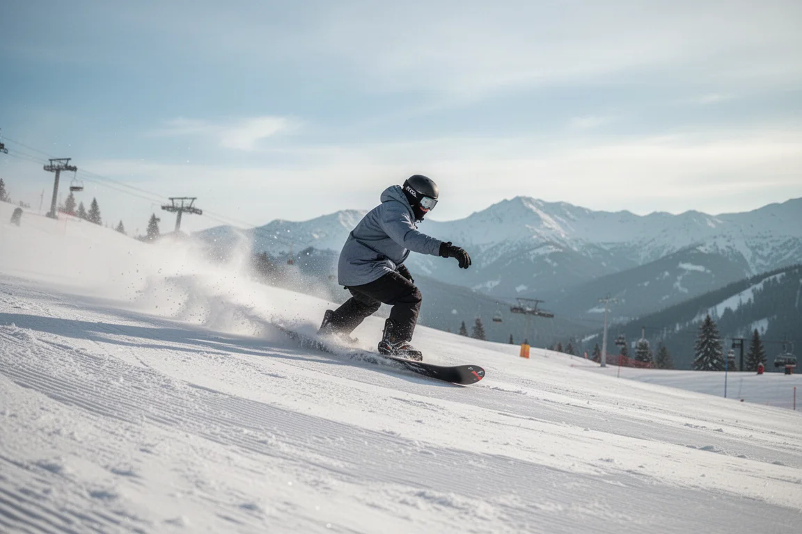 Snowboarder carving a turn on a groomed mountain slope