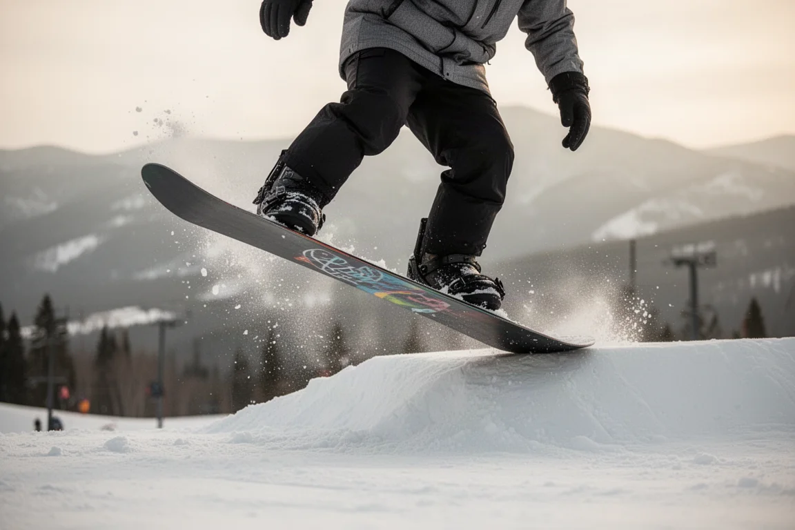 Close-up of a snowboard tail loaded on a side hit at a resort