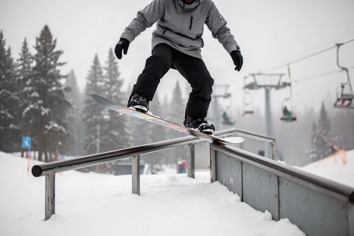 Snowboarder pressing the nose of the board on a park rail