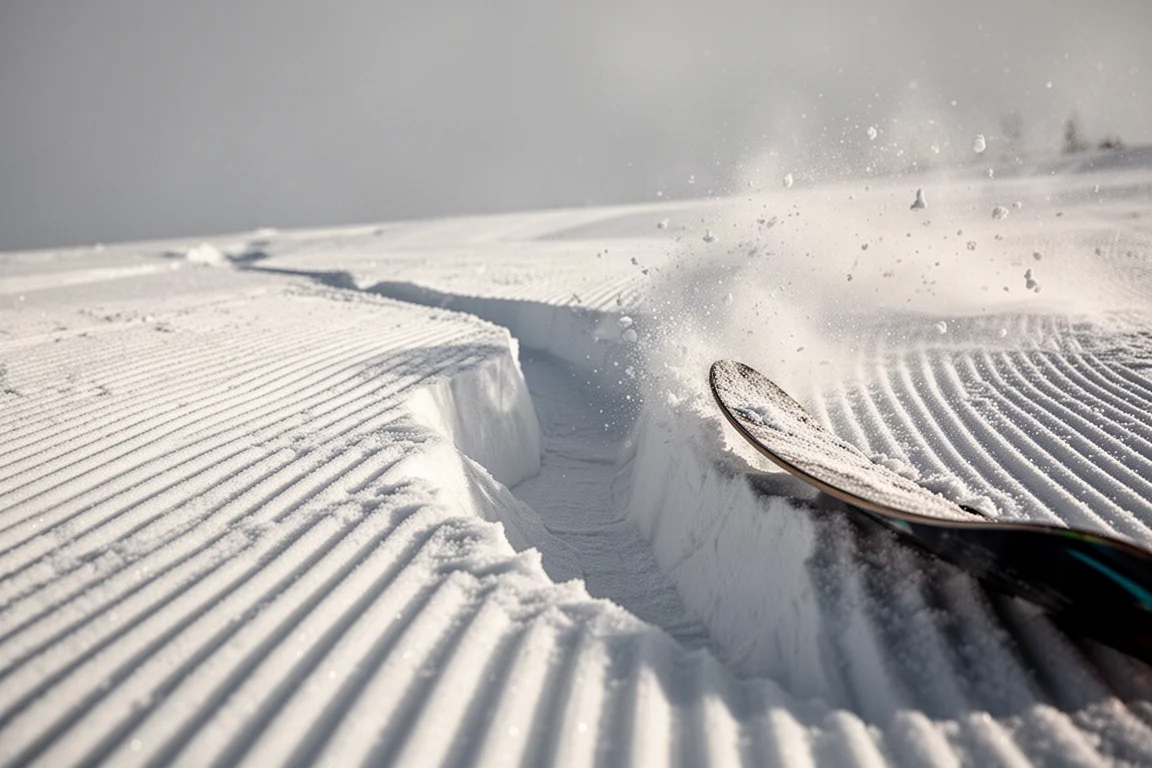 Deep aggressive carve laid into corduroy groomer snow