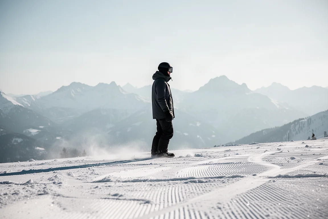 Snowboarder standing on a groomed slope on a bright bluebird day with wind-blown snow