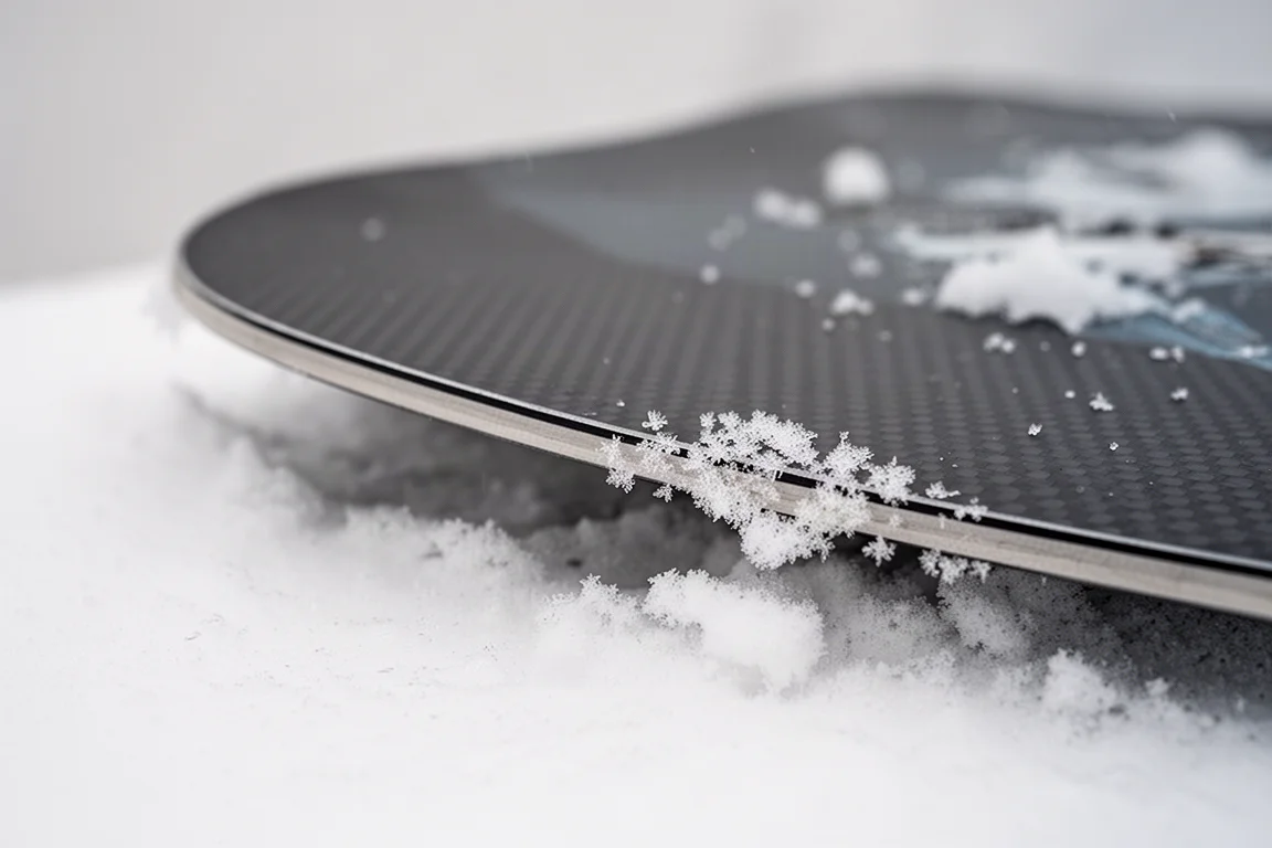 Close-up of a snowboard sidewall and edge showing carbon weave under the topsheet