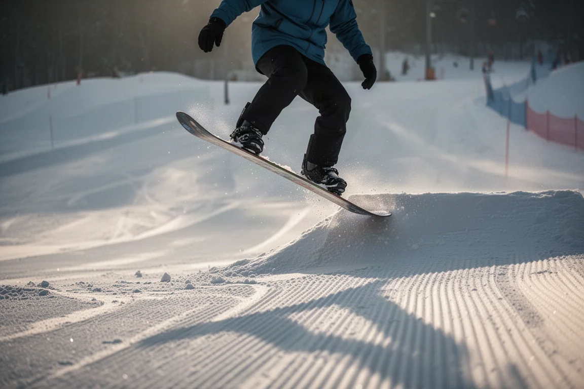 Snowboarder pressing the nose of a board on a low snow feature at the end of the day