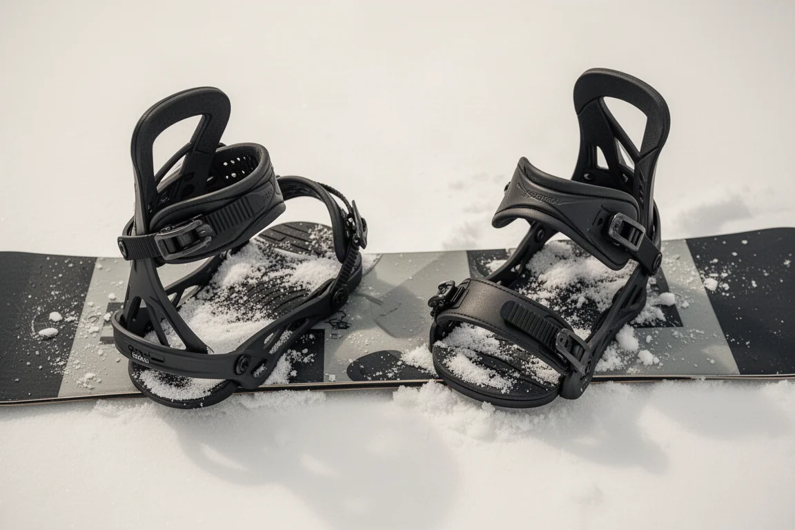 Pair of snowboard bindings mounted on a board resting on a snow surface