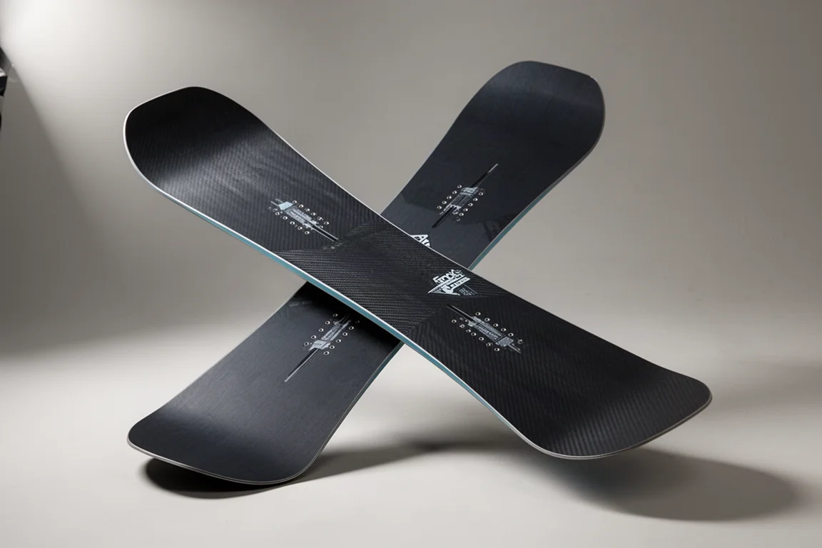 Dark matte directional twin snowboard standing at an angle on a neutral grey studio backdrop