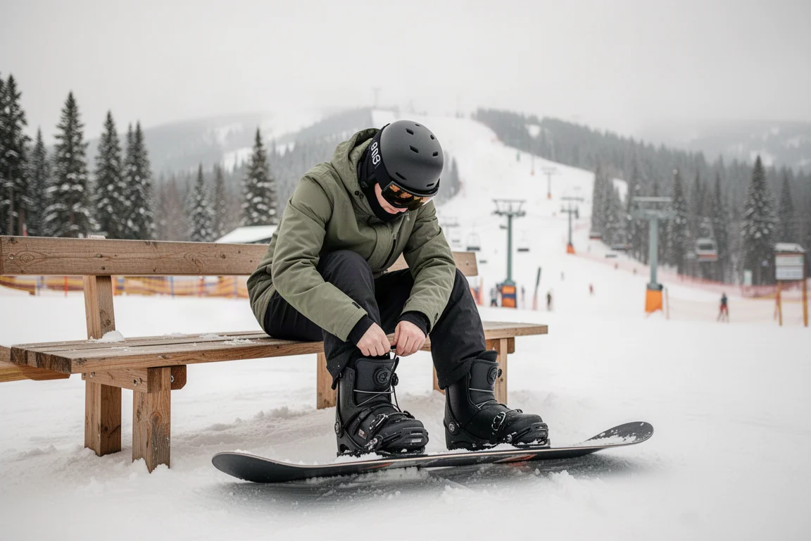 Snowboarder che regola gli attacchi dello scarpone su una pista innevata in località