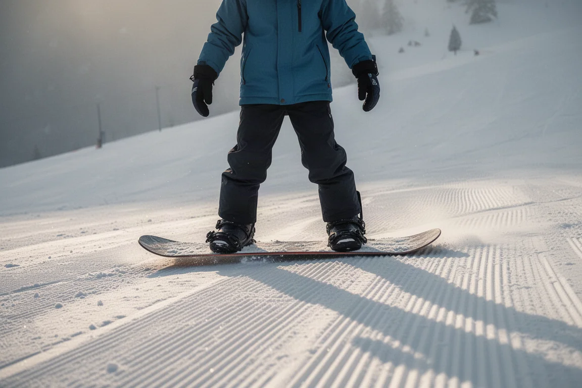 Snowboarder che flette gli scarpone su una facile pista per principianti nella luce morbida del pomeriggio