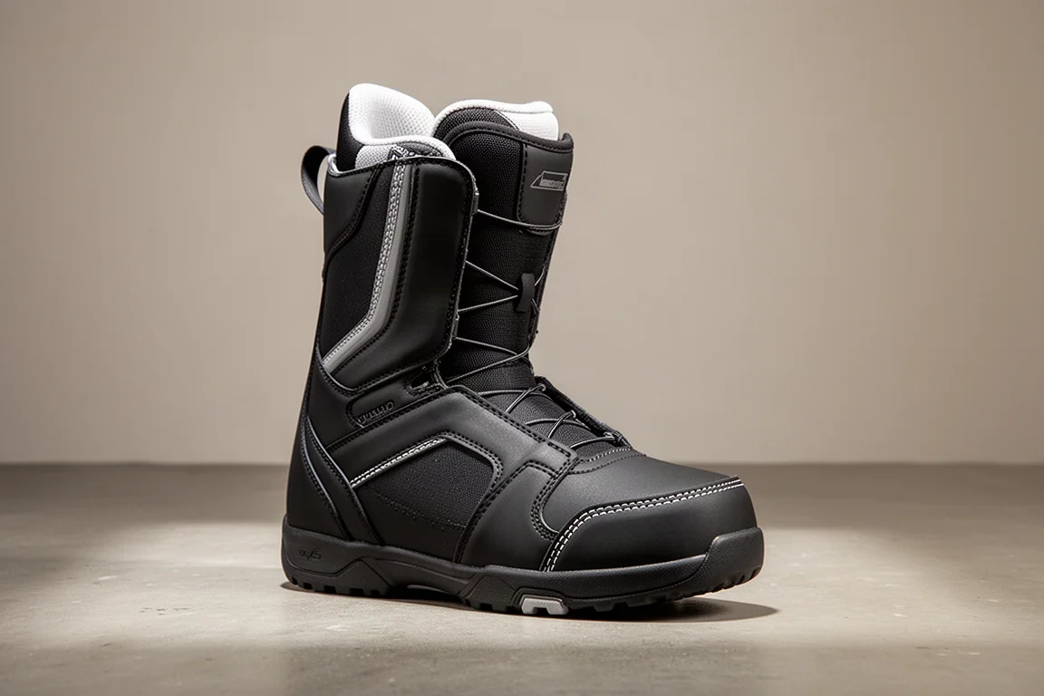 Snowboard boot Ride Anthem nero mostrato a tre quarti su una superficie in cemento