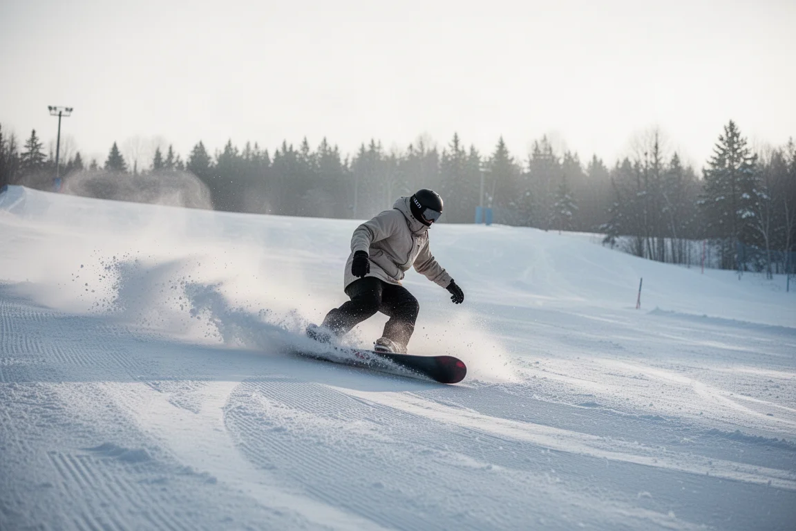 Profil camberu snowboardu widziany z boku, z rockerem na nosie i tailu