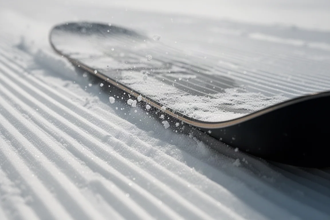 Snowboardzista ostro tnący łuk na stoku góry przy bezchmurnym niebie