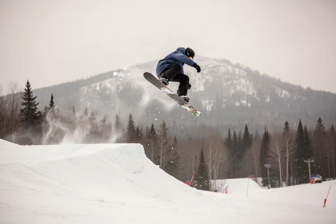 Snowboardzista wyskakujący z małego side hitu na przygotowanej trasie