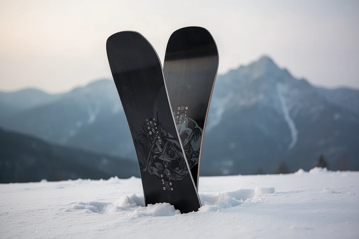 Snowboard Ride Benchwarmer stojący pionowo na neutralnym szarym tle