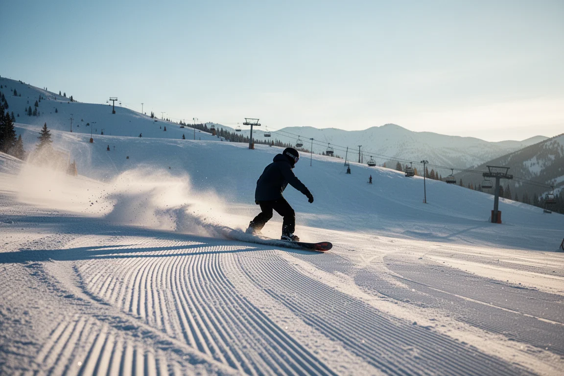Snowboarder carving down perfectly groomed slopes on a crisp sunny day