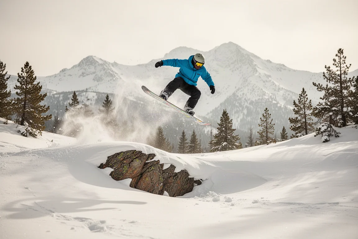 Snowboarder launching off a natural rock drop into fresh snow