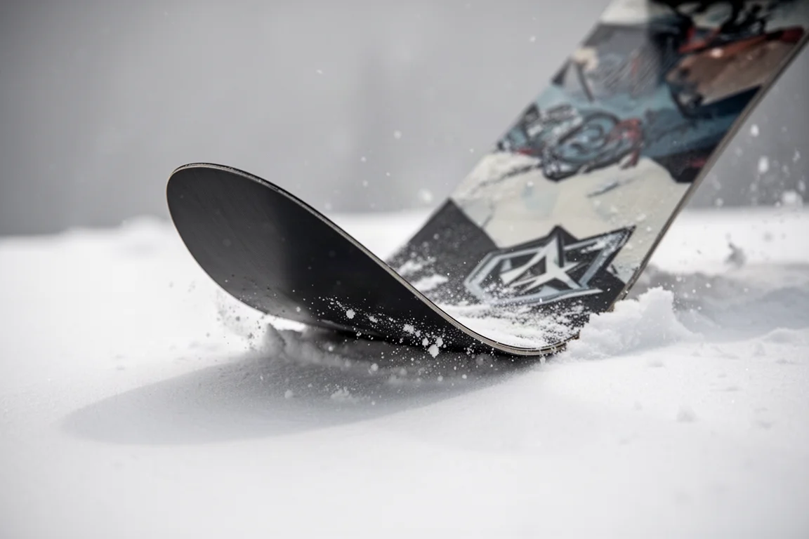 Close-up of a snowboard tail pressed into snow during a butter attempt