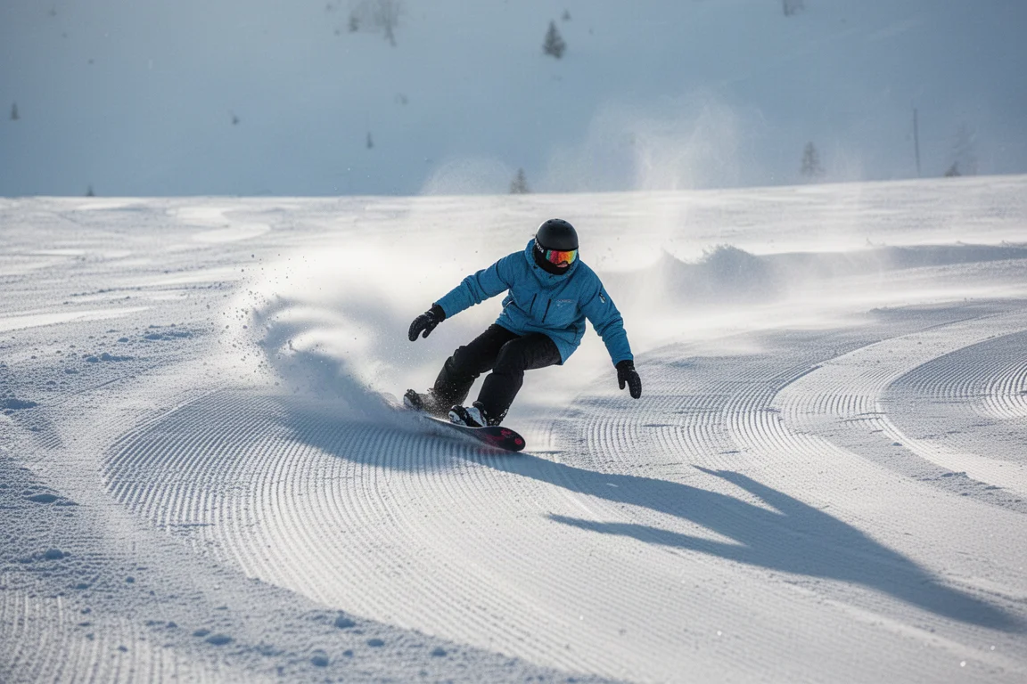 Snowboarder leaning into a deep euro carve on a wide groomer