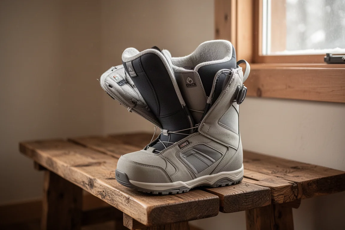Snowboardzista dopasowuje wkładkę wewnątrz buta snowboardowego przed jazdą