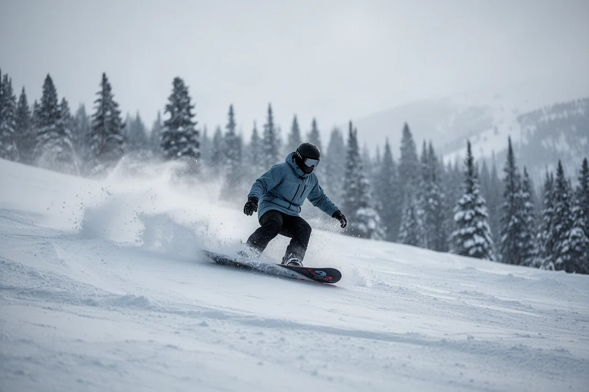 Snowboardzista zjeżdżający zaśnieżonym stokiem w zimny, niebieskawy dzień