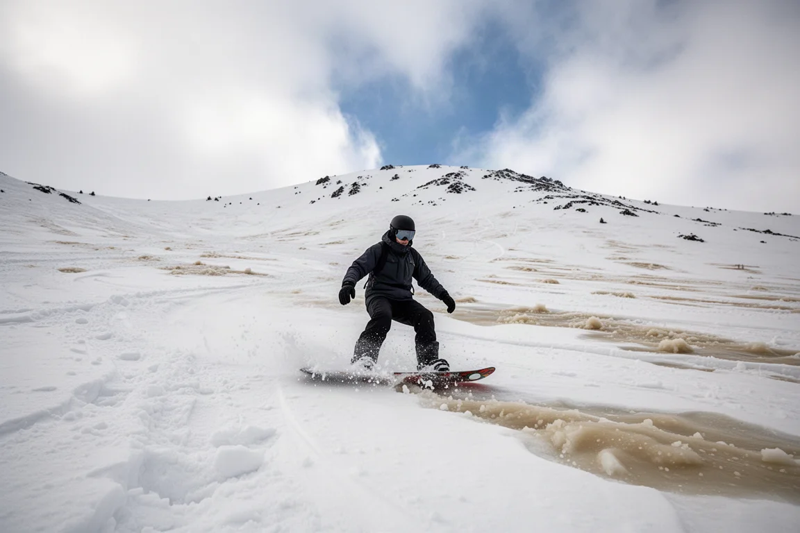 Snowboarder descendiendo sobre nieve primaveral picada bajo un cielo mixto con nubes y claros