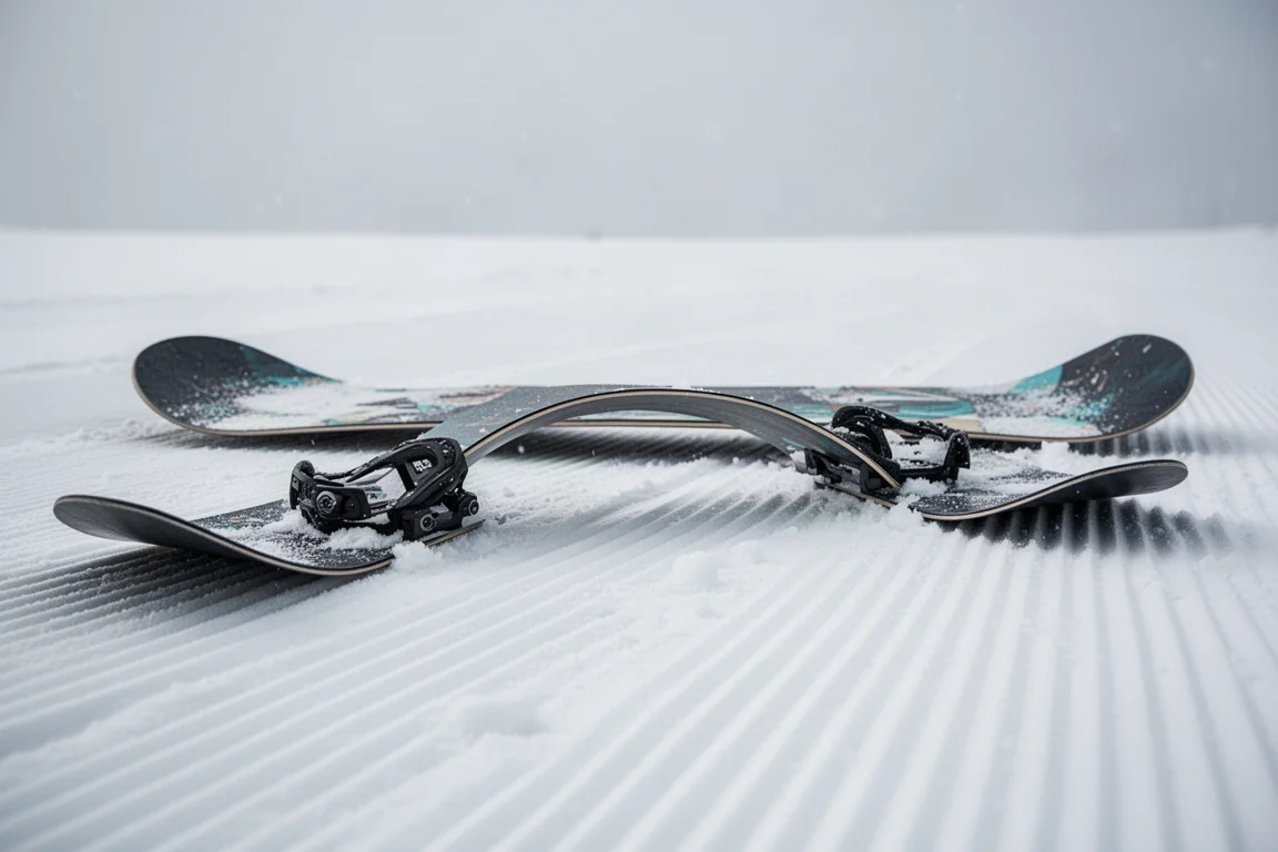 Primer plano del perfil de camber de una tabla de snowboard apoyada sobre nieve pisada