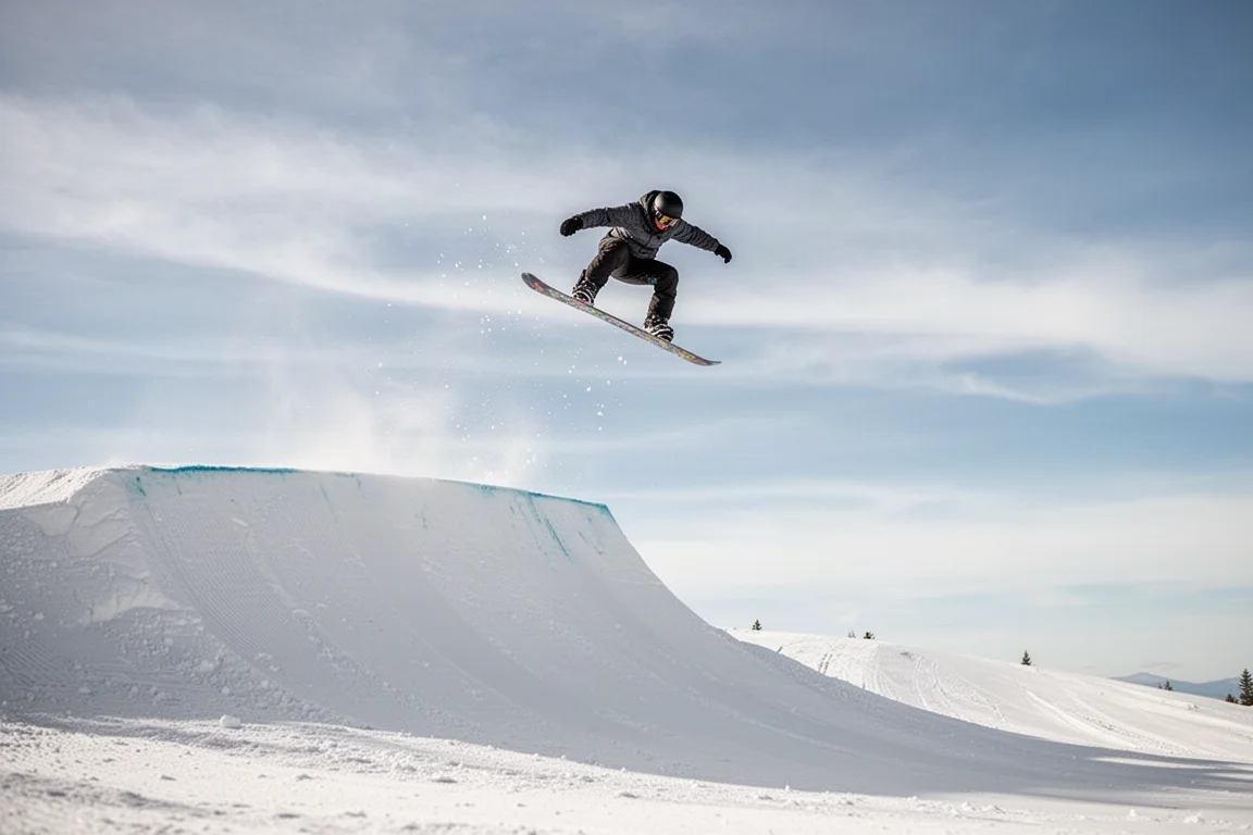 Snowboarder despegando del labio de un gran salto en condiciones de primavera