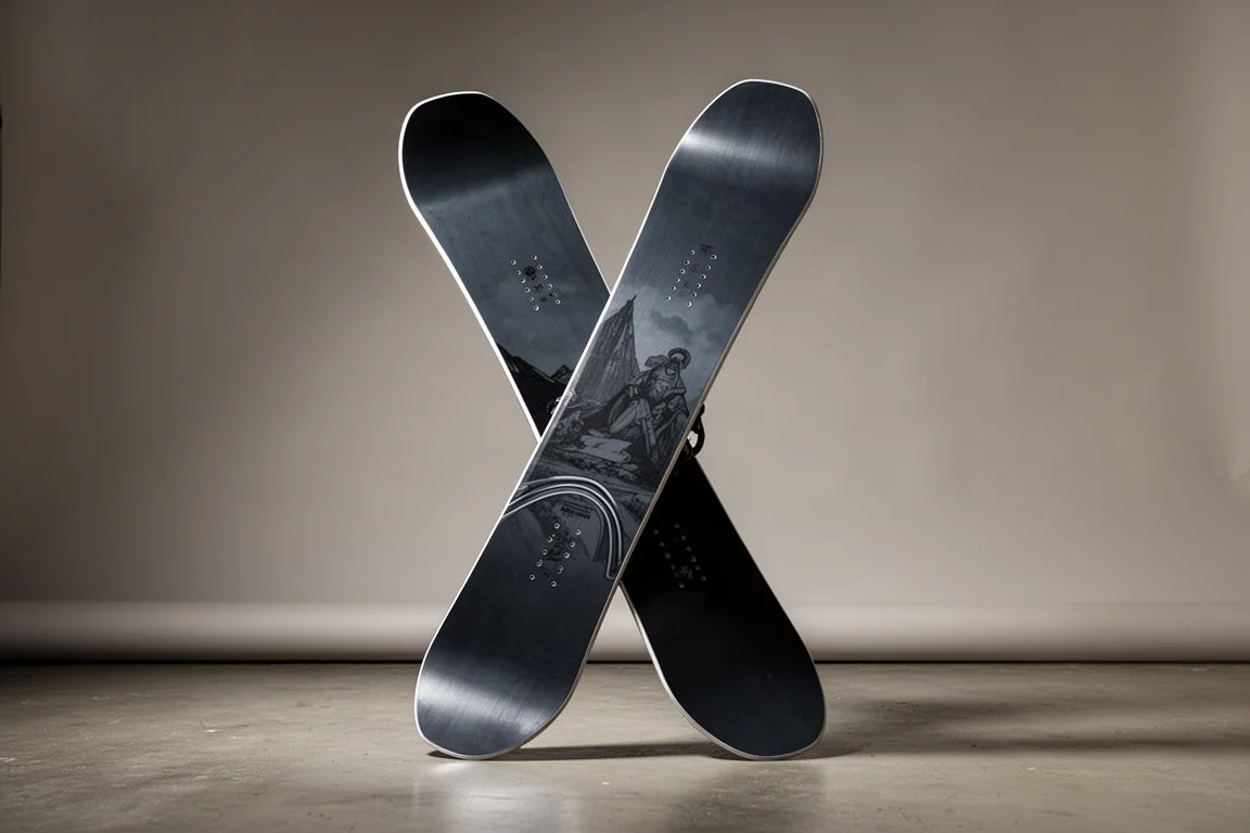 Tabla de snowboard twin-tip de pie contra un fondo neutro gris de estudio