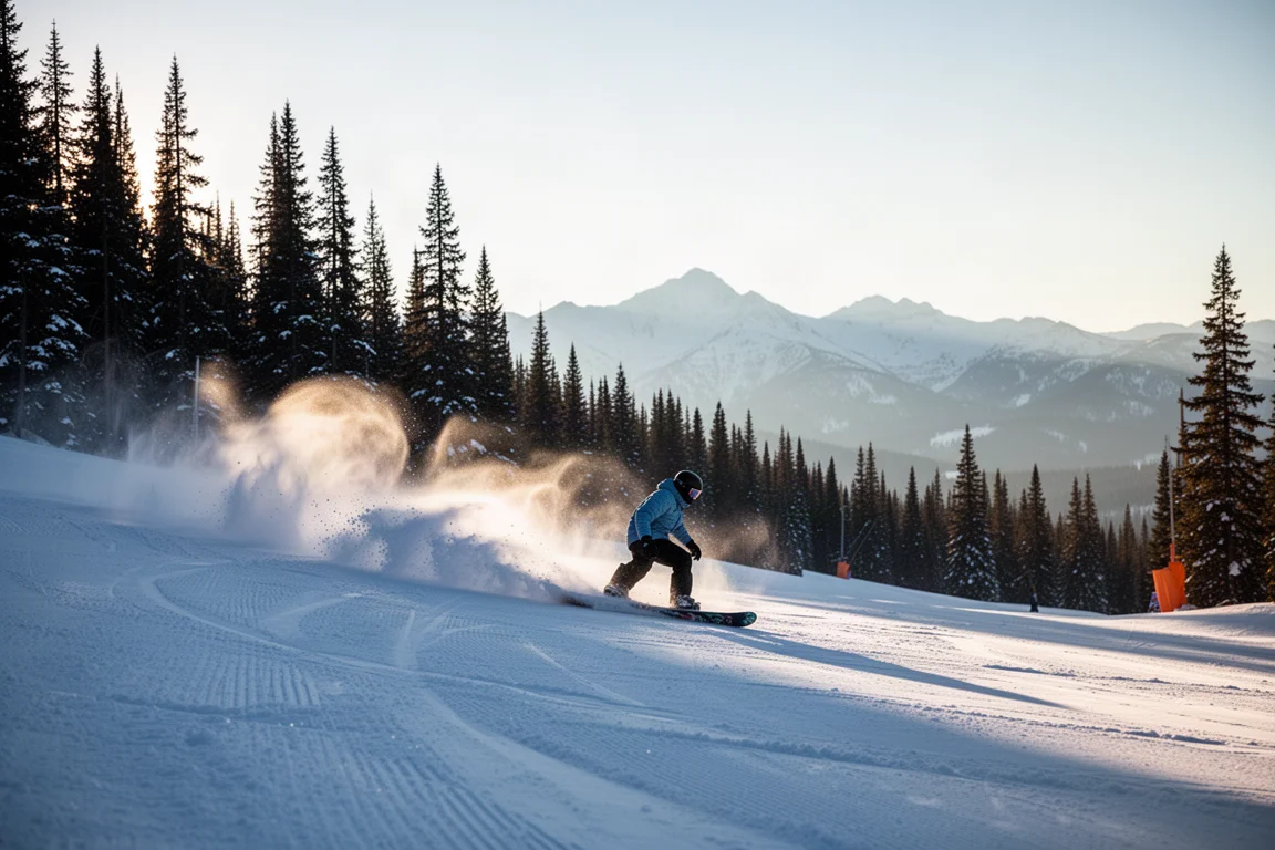 Snowboarder carving across a groomed run on a bright bluebird morning