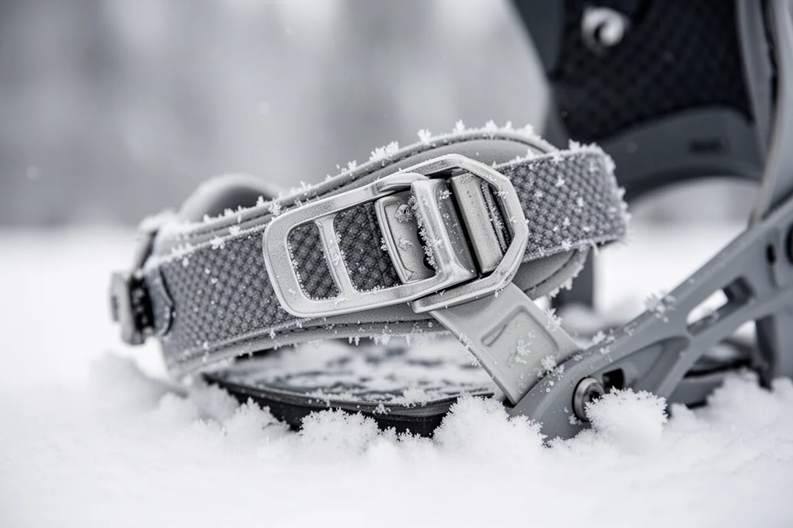 Close-up of a snowboard binding heel strap and ratchet lever on packed snow