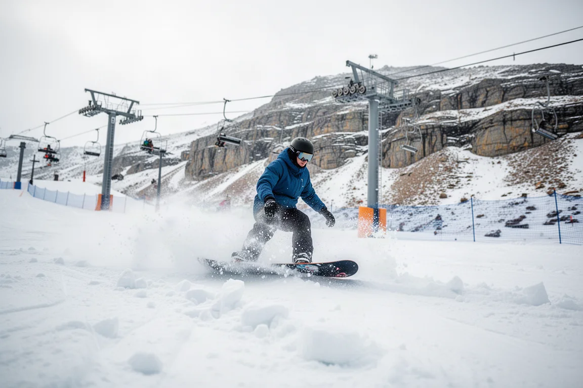 Snowboarder pushing through chopped-up tracked snow at a mountain resort
