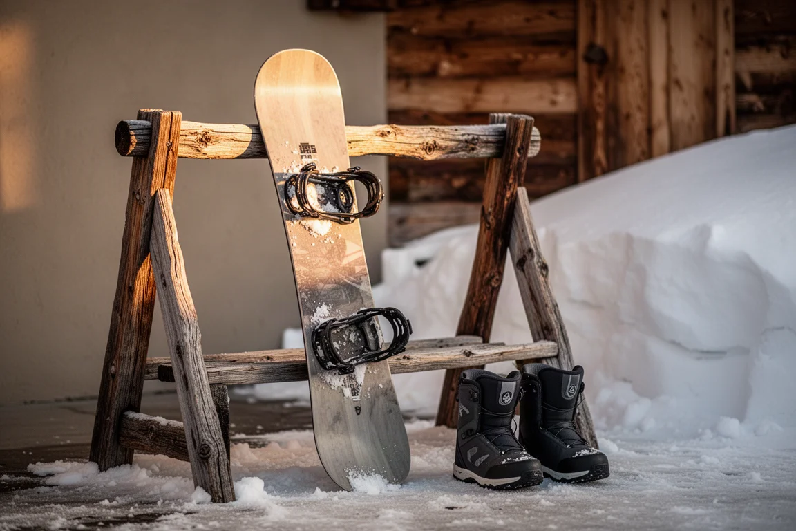 Snowboard with bindings leaning against a wooden rack outside a mountain lodge