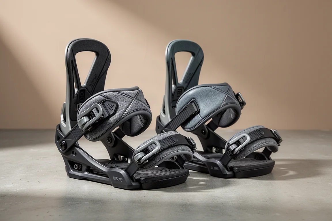 Pair of snowboard bindings with matte black baseplates on a concrete surface