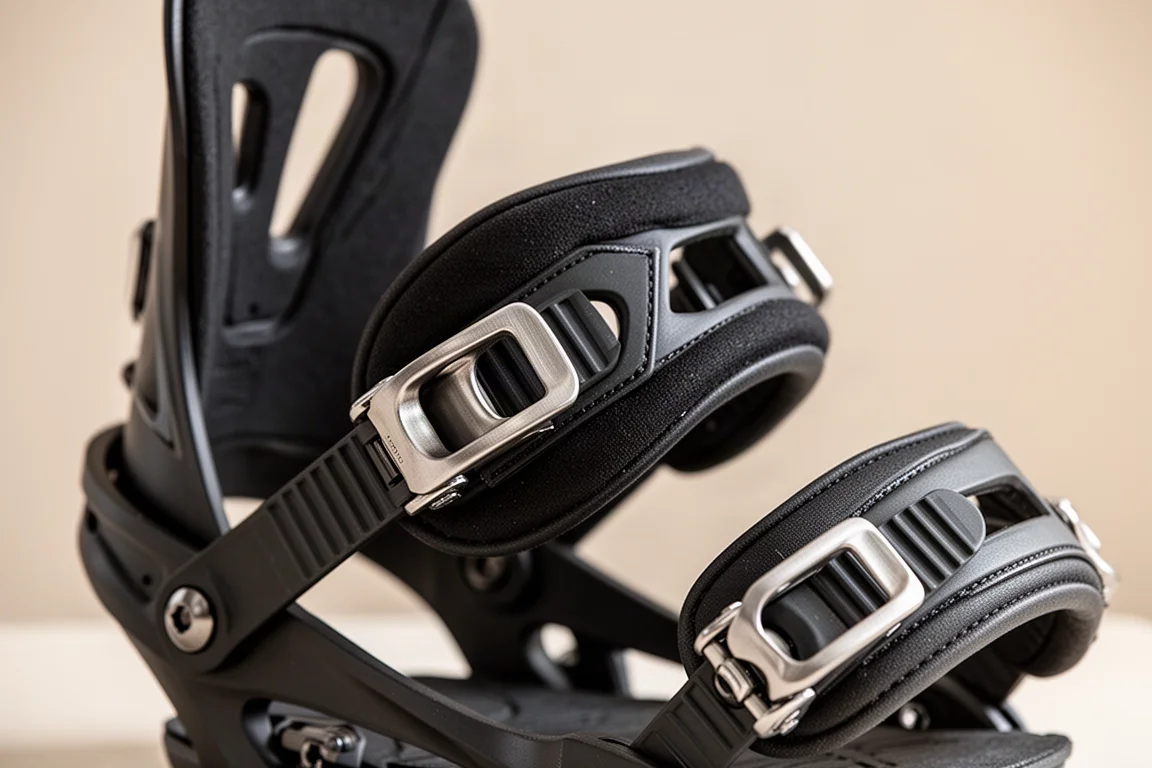 Snowboard binding straps and ratchets viewed in close-up detail