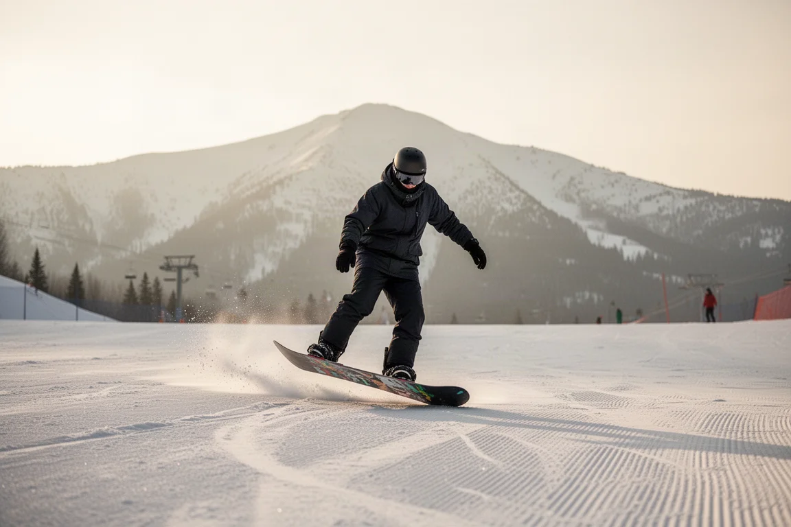 Snowboarder pressing and buttering on a flat slope