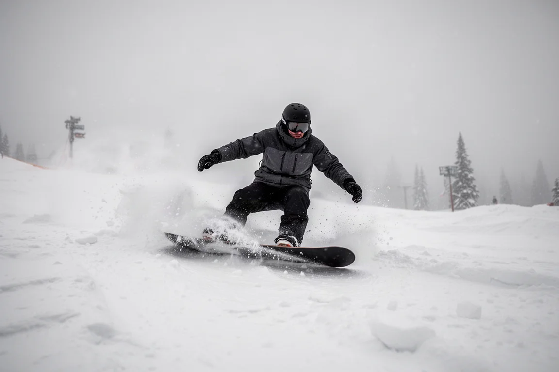 Snowboarder carving through choppy snow at a resort