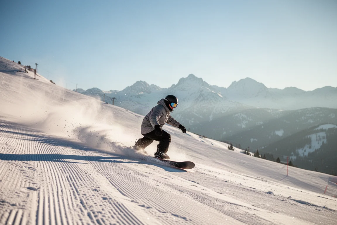 Snowboarder che curva su una pista di montagna soleggiata con neve compatta