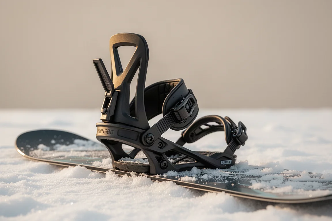 Primo piano di uno highback stretto di un attacco da snowboard