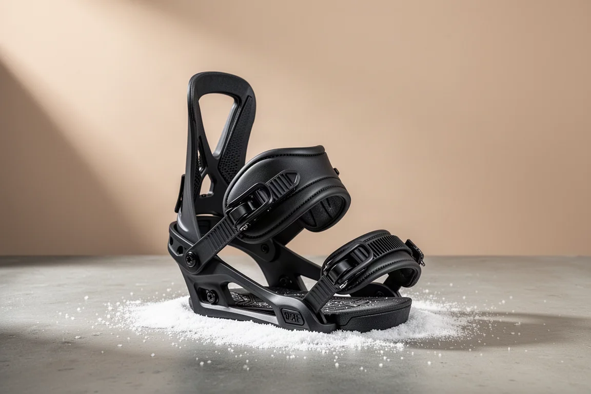 Matzwarte snowboardbinding met smalle highback op een betonnen ondergrond
